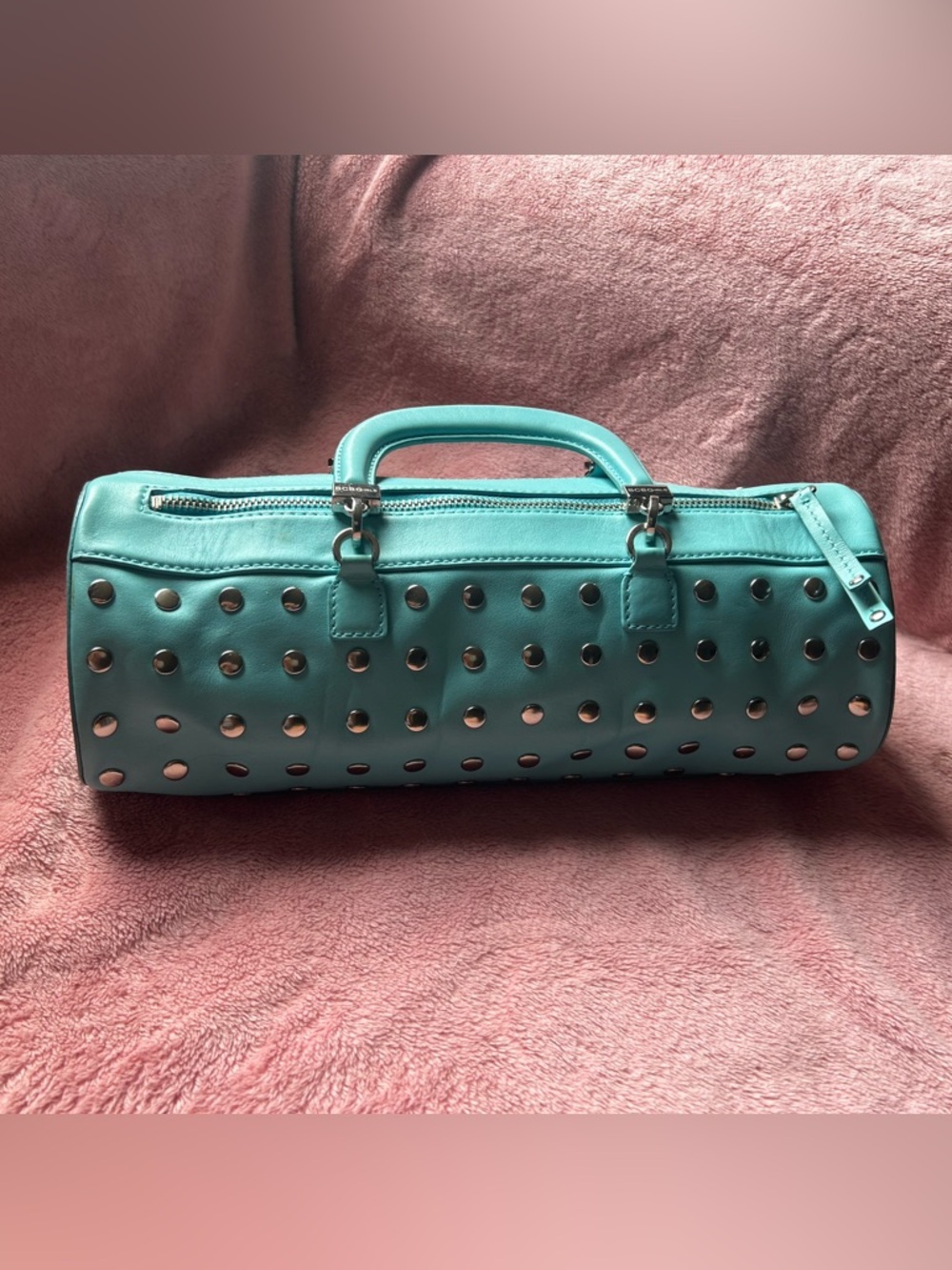 SOLD - Y2K BCBGirls Studded Turquoise Mini Duffle Bag Silver Hardware